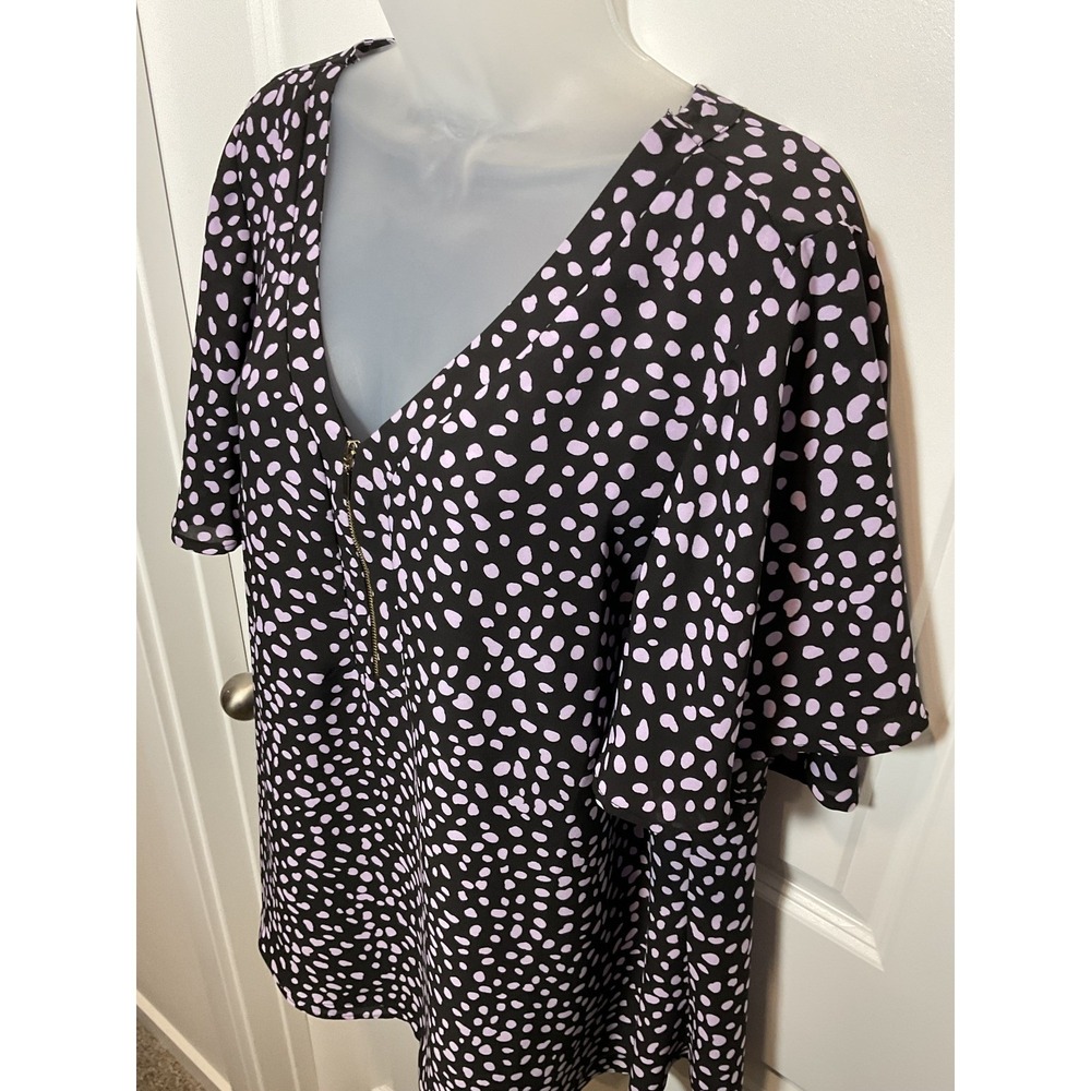 EVANS Black Lilac Spot Print Zip Front V Neck Blouse Top Size 18 Womens